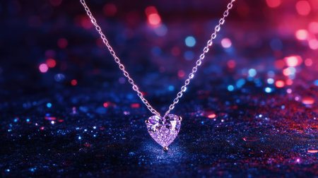 A stunning heart-shaped pendant necklace captures attention with its sparkle against a colorful bokeh background, ideal for jewelry displays and thoughtful gifts.の素材