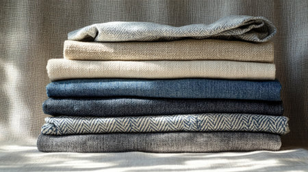 This image features a stack of assorted textiles in neutral and blue tones, perfect for inspiring cozy interior designs and fabric choices for various home projects.の素材