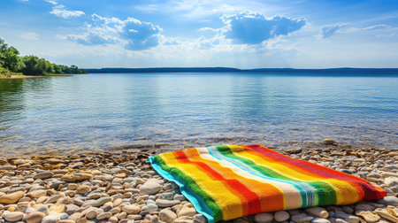 A colorful blanket rests on smooth rocks beside a tranquil lake, under a bright sky filled with fluffy clouds, evoking a sense of peace and relaxation amid natureの素材