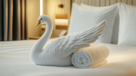 A stunning towel art swan elegantly placed on a bed in a modern hotel room, showcasing unique design and inviting atmosphere for ultimate relaxation and comfort.の素材