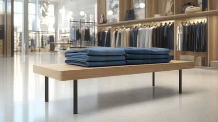Explore a modern clothing store interior featuring a minimalist wooden table with neatly stacked denim jeans, creating a stylish and organized shopping experience.の素材