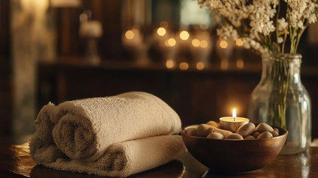 A soothing spa setting featuring soft towels, a rustic bowl of stones, and a flickering candle that evokes a peaceful and rejuvenating atmosphere for relaxation.の素材