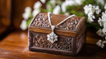 This stunning silver pendant necklace is elegantly displayed on a beautifully carved wooden jewelry box, surrounded by soft natural light and delicate flowers, creating a luxurious atmosphere.の素材
