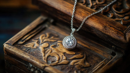 A stunning vintage silver compass pendant necklace displayed on an ornate antique wooden jewelry box. The intricate details highlight craftsmanship and artistic beauty.の素材
