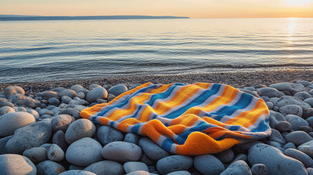 A vibrant striped blanket lies across smooth pebbles by a serene lake, capturing the essence of relaxation and tranquility during a stunning sunset.の素材