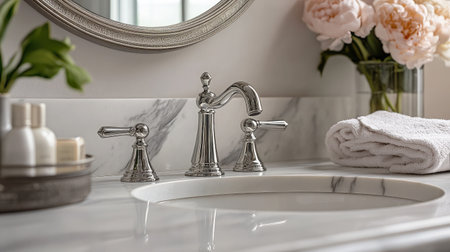 A beautifully arranged bathroom showcasing an elegant sink with a stylish faucet atop a marble countertop, complemented by fresh flowers and plush towels for an inviting atmosphere.の素材