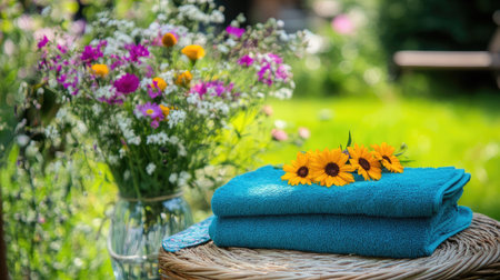A bright outdoor scene featuring soft towels in turquoise color, adorned with sunny flowers, surrounded by a lush green garden, creating a perfect space for relaxation and well-being.の素材