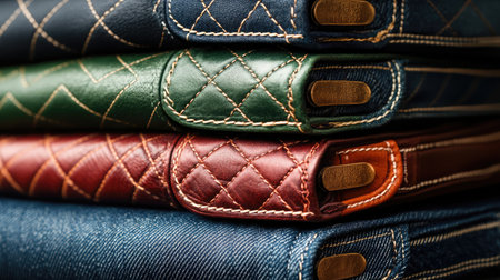 A beautiful close-up of a stack of colorful leather wallets showcasing unique textures and stitches, ideal for fashion and accessories-related content in retail and marketing.の素材