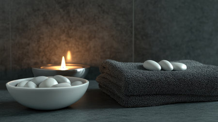 A tranquil spa setting featuring soft towels, smooth stones, and a flickering candle, creating a serene atmosphere perfect for relaxation and self-care.の素材