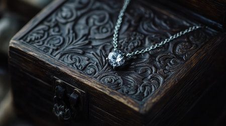 An elegant silver necklace featuring a sparkling gemstone is beautifully showcased on an intricately carved wooden jewelry box, highlighting craftsmanship and style.の素材