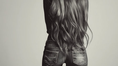 A fashionable woman with long hair poses from the back, showcasing her style in a minimalist setting. The image exudes elegance and contemporary beauty.の素材