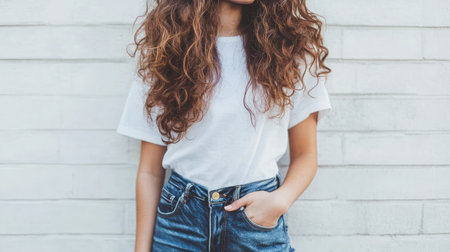 A young woman with beautiful curly hair showcases her casual style while posing confidently against a light wall, embodying modern fashion and youthful energy.の素材