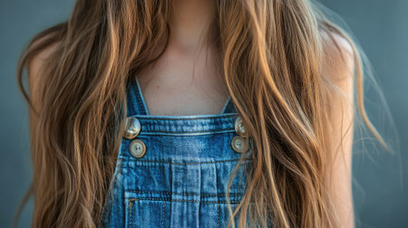 This image captures the essence of casual fashion with a close-up of a young woman wearing denim overalls, showcasing her long hair and natural beauty in a soft, inviting setting.の素材