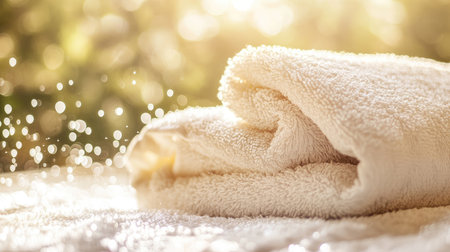 A soft beige towel is elegantly draped on a table, illuminated by warm sunlight and delicate water droplets, evoking a sense of comfort and relaxation.の素材