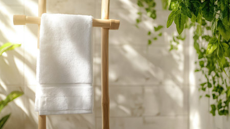A fresh white towel elegantly hangs on a natural wooden rack, surrounded by vibrant green plants, creating a calming and inviting spa-like ambiance in a serene indoor setting.の素材