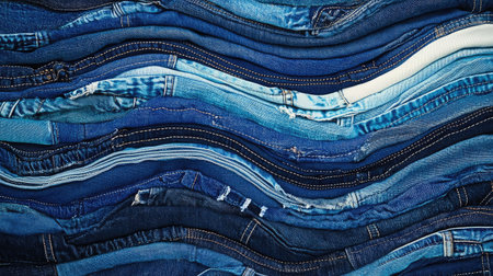 A vibrant display of denim jeans in various blue shades, showcasing textures and styles ideal for fashion, textile, and apparel projects or designs.の素材