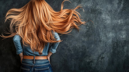 A stunning portrait capturing a woman's flowing golden hair in motion, set against a dark textured backdrop, evoking themes of elegance, beauty, and carefree spirit.の素材