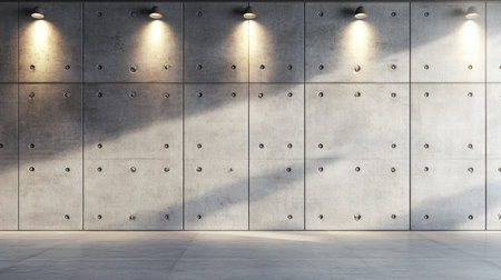 A modern industrial concrete wall featuring decorative bolts and stylish ambient lighting, casting interesting shadows, perfect for contemporary interior design projects.の素材