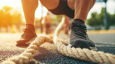 A close-up view of an athlete's feet engaged in a rope workout on a fitness track during sunset, emphasizing determination, strength, and active lifestyle.の素材