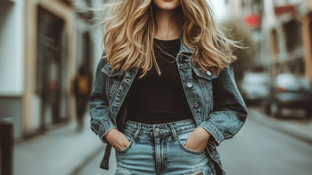 A stylish young woman poses confidently in a denim jacket and shorts, embodying casual urban fashion while walking through a lively city street.の素材
