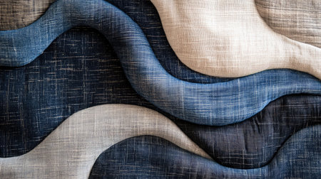 This image showcases elegant waves of fabric in blue and beige tones, highlighting texture and depth, ideal for design projects in home decor and fashion.の素材