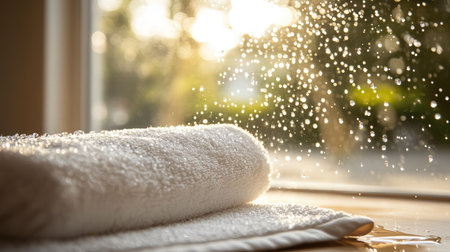 A soft white towel rests comfortably by a window, illuminated by gentle sunlight and sparkling dewdrops, creating a peaceful and refreshing bathing atmosphere.の素材