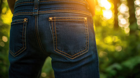 A captivating close-up of blue denim jeans worn by an individual, captured in a vibrant green forest setting with gentle sunlight filtering through the trees.の素材