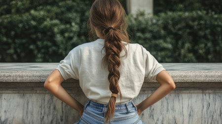 A woman with a long braid stands facing away, wearing a casual outfit. She leans against a marble wall while surrounded by lush greenery on a sunny day.の素材