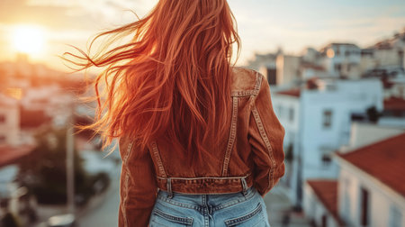 A young woman stands on a rooftop, her flowing red hair caught in the evening breeze as she enjoys the stunning sunset over the city, radiating tranquility and style.の素材