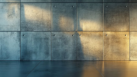 A striking modern industrial wall features a textured concrete surface with soft light creating interesting shadows, perfect for minimalist interior design or artistic photography.の素材