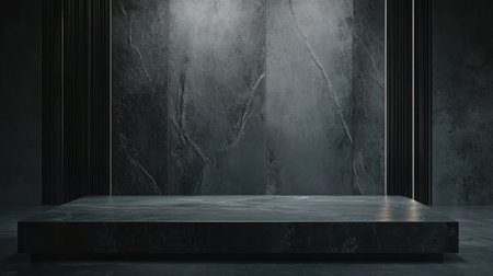 This image features a modern minimalist interior with dark stone walls and a simple platform, creating an elegant backdrop for presentations or exhibitions in stunning lighting.の素材