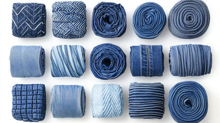 A stunning arrangement of various rolled blue fabrics, showcasing the unique textures and patterns of denim, perfect for inspiration in fashion, design, and crafting projects.の素材