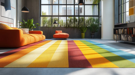 A bright and cozy modern living room features a colorful striped rug and inviting furniture. Large windows bring in natural light, complemented by lush greenery.の素材