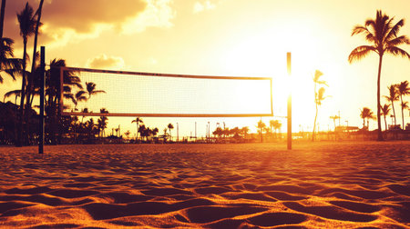 A stunning view of a beach volleyball court set against a vibrant sunset, with silhouettes of palm trees and golden sand creating a serene summer atmosphere.の素材