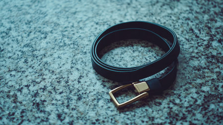 An elegant black belt featuring a gold buckle, displayed on a textured granite surface. This stylish accessory enhances outfits for various occasions and looks.の素材