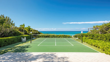 Experience a stunning tennis court with ocean views, framed by lush greenery and palm trees, perfect for sports enthusiasts seeking a serene tropical escape.の素材