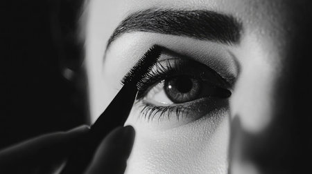 This striking black and white image captures the close-up of a woman's eye as an eyelash brush enhances her lashes, highlighting beauty techniques and focus on cosmetics.の素材