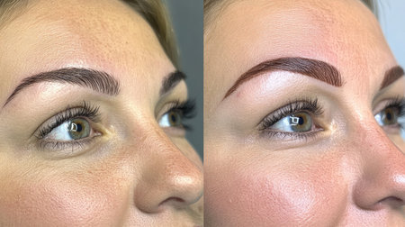 Close-up view of a woman's face showcasing eyebrow enhancements through microblading techniques, highlighting natural beauty before and after the treatment.の素材