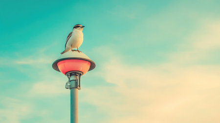A beautiful bird sits atop a stylish street lamp, contrasting beautifully with the pastel sky, embodying the harmony of nature and urban living in this serene composition.の素材