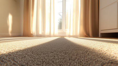 Warm sunlight filters through sheer curtains, illuminating a soft carpet in a modern room, creating a tranquil and inviting atmosphere perfect for relaxation and comfort.の素材