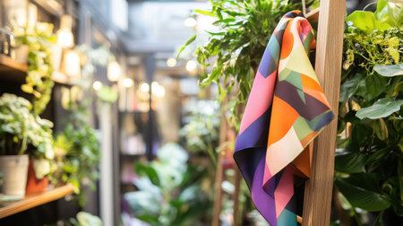 A colorful fabric elegantly drapes in an indoor garden filled with lush plants and warm lighting, creating a serene escape that blends style with natureの素材