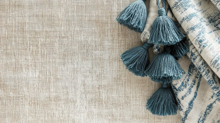 A close-up view of elegant blue tassels hanging from textured fabric, perfect for home decor projects, crafting inspiration, or textile design ideas in stylish neutral tones.の素材