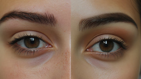This image showcases two different eye styles in close-up, highlighting distinct eyebrow shapes and makeup techniques that celebrate natural beauty and individual expression.の素材