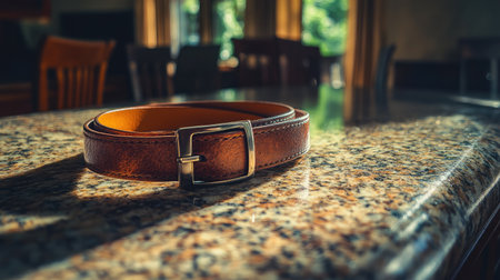 A close-up view of a beautiful brown leather belt resting on a polished granite countertop, illuminated by soft natural light, creating a warm and inviting atmosphere.の素材