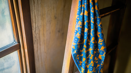A vibrant scarf featuring a unique pattern hangs gracefully on a wooden ladder near a softly lit window, creating a cozy and artistic atmosphere in any interior space.の素材