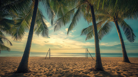 Captivating beach scene featuring a volleyball net surrounded by lush palm trees, golden sands, and a vibrant sunset sky, perfect for summer activities and relaxation by the ocean.の素材