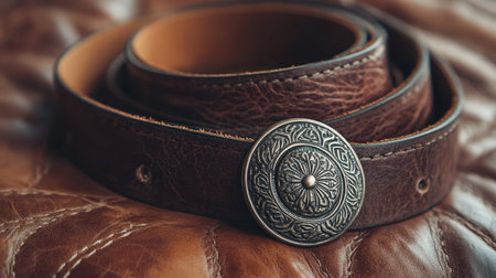 A beautifully crafted leather belt with an ornate metal buckle resting on a rich brown leather surface, creating a warm and inviting fashion accessory image.の素材