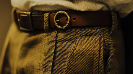 This close-up image features a stylish belt worn with classic trousers, highlighting texture and detail in a cozy indoor ambiance with warm lighting.の素材