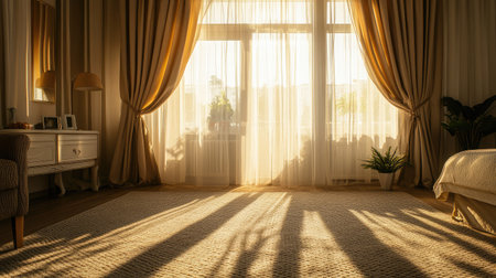 A beautifully lit bedroom features warm sunlight cascading through elegant curtains, casting soft shadows on a plush carpet, creating a peaceful and inviting atmosphere.の素材