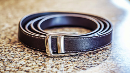A stylish black leather belt featuring a sleek metal buckle is elegantly displayed on a textured surface, perfect for showcasing fashion accessories and wardrobe essentials.の素材